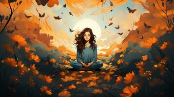 AI generated Peaceful young female with dark hair in meditating with closed eyes and sitting in lotus pose in orange flowers illustration. photo