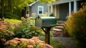 AI generated Green mail box in front of a house with garden. photo