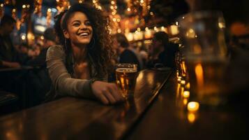 AI generated Hispanic latin woman sitting at the bar with a beer glass. photo