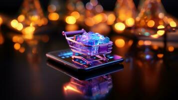 AI generated Fast delivery, express and urgent shipping concept. Trolley and phone in purple lights. photo