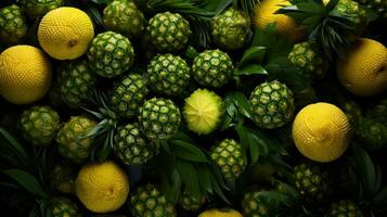 AI generated Hawaiian green pineapples with jack fruit background. photo