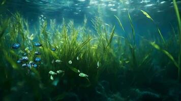 ai gegenereerd onderwater- gras en water met zon schijnend door video