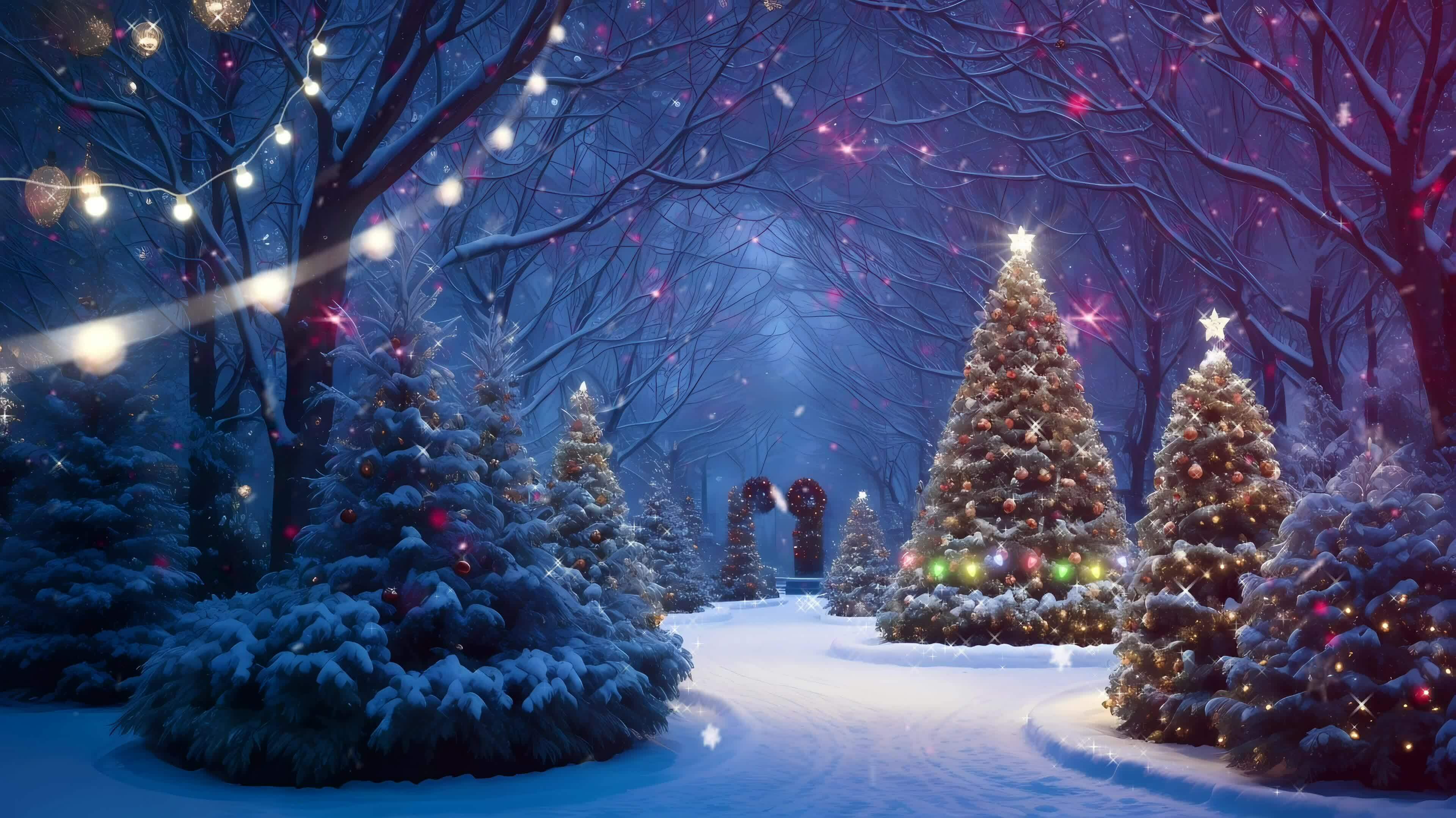 AI generated a snowy path with christmas trees and lights 35417132