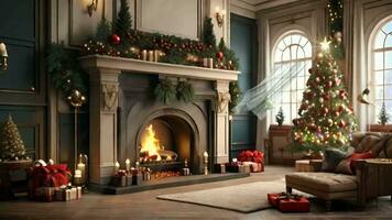 AI generated a living room decorated for christmas with a fireplace video