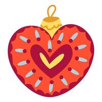 Christmas tree decorative toy in the shape of a heart. Retro decorations for the Christmas tree. Vector flat illustration.