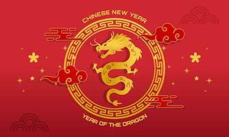 Happy Lunar New Year Chinese New Year 2024 Year of the Dragon Zodiac with Chinese Dragon Gold on a Red Background vector