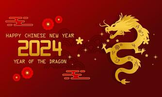 Happy Lunar New Year Chinese New Year 2024 Year of the Dragon Zodiac with Chinese Dragon Gold on a Red Background vector