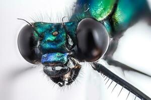 Macro frontal portrait shot of a Banded Demoiselle Dragonfly black eyes Calopteryx splendens photo