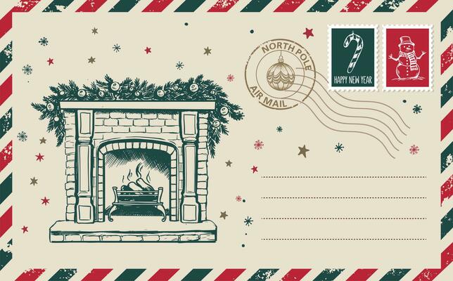 Christmas mail, postcard, hand drawn illustration.