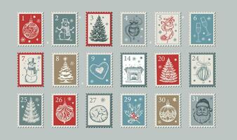 Advent calendar, Christmas Stamps, mail, postcard hand drawn illustrations. vector