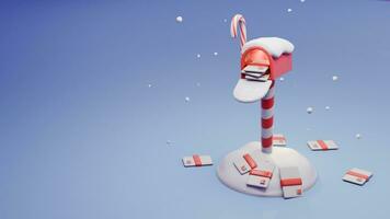 Cute 3d render Christmas mail box full of mails in snow background. photo