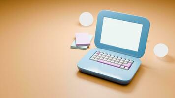 Cute 3d render of laptop and book on table background. photo