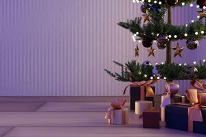 3d Navidad árbol y regalos caja decoración en habitación con Copiar espacio antecedentes. foto