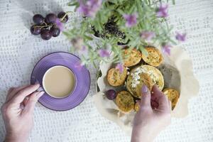 Lavender french breakfast, goat cheese and oven baked baguette, notepad, photo