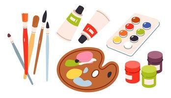 A variety of paints and brushes. Drawing materials and art supplies for drawing. Flat vector illustration