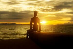 Silhouettes of wooden models feel lonely at sunset. photo