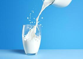 AI Generated Milk pouring into glass with splashing on blue background with copy space photo