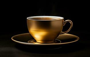 AI Generated Vintage golden coffee cup isolated on black background photo