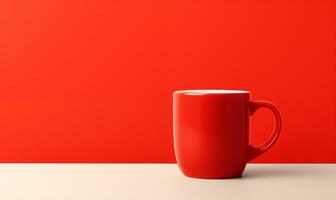 AI Generated Red cup on white table over bright red background with copy space photo