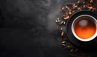 AI Generated Cup of tea on black background with copy space, top view photo