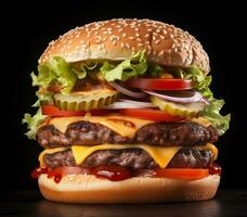 AI Generated Big burger on black background photo