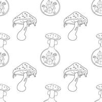 Seamless pattern, line art, fly mushroom, potion occultism magic vector