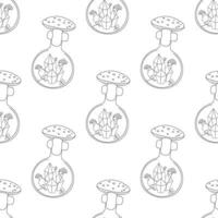 Seamless pattern, line art, fly mushroom, potion occultism magic vector