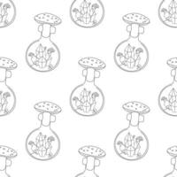 Seamless pattern, line art, fly mushroom, potion occultism magic vector