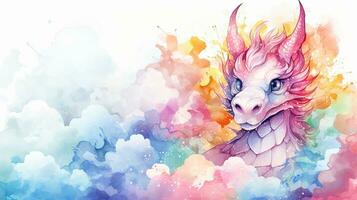 Cute dragon watercolor illustration in in multicolor photo