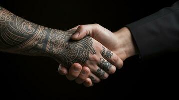 AI generated Tattoo Handshake two businessmen signifies successful agreement Black Background. Generative AI photo