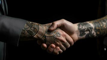 AI generated Tattoo Handshake two businessmen signifies successful agreement Black Background. Generative AI photo