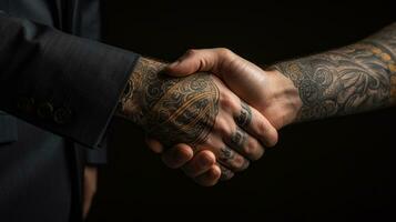 AI generated Tattoo Handshake two businessmen signifies successful agreement Black Background. Generative AI photo