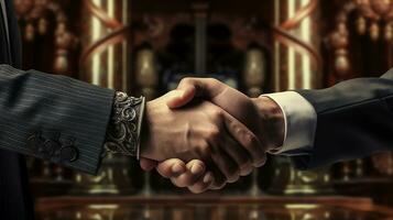 AI generated Handshake between two businessmen signifies successful agreement. Generative AI photo