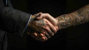 AI generated Tattoo Handshake two businessmen signifies successful agreement Black Background. Generative AI photo