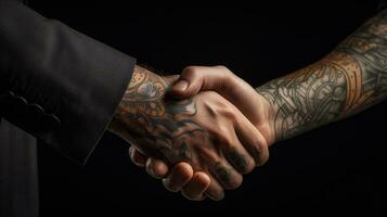 AI generated Tattoo Handshake two businessmen signifies successful agreement Black Background. Generative AI photo
