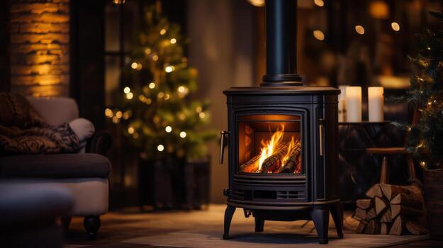 AI generated Warm and cozy Christmas background, soft focus on a fireplace with stockings, gently lit Christmas tree in the corner, and a large area for copyspace, generative ai photo