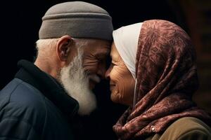 AI generated Muslim eldery couple. Elderly man kiss forehead a elderly woman. generative ai photo