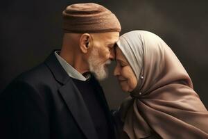 AI generated Muslim eldery couple. Elderly man kiss forehead a elderly woman. generative ai photo