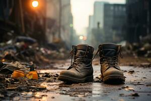 AI generated Abandoned Boots in Desolate Urban Decay photo