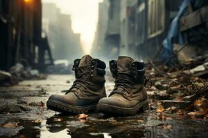 AI generated Abandoned Boots in Desolate Urban Decay photo