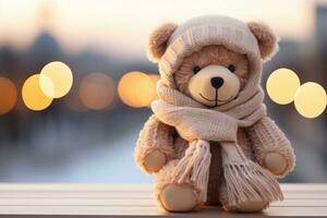 AI generated Winter Teddy Bear with Cozy Scarf and Hat photo