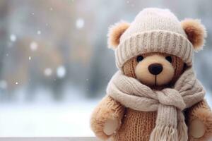 AI generated Winter Teddy Bear with Cozy Scarf and Hat photo