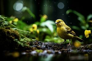 ai generado vibrante amarillo pájaro en lozano verde selva foto