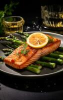 AI generated Grilled salmon with asparagus and lemon on plate photo