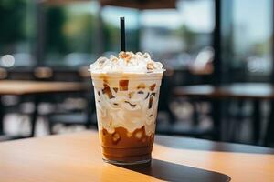 AI generated Iced Coffee with Whipped Cream and Caramel photo