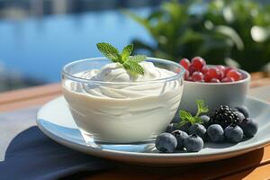 AI generated Yogurt drink in glass with berries and mint photo