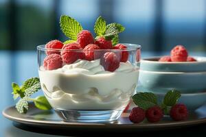 ai generado yogur bebida en vaso con bayas y menta foto