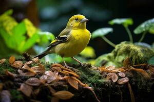 ai generado vibrante amarillo pájaro en lozano verde selva foto