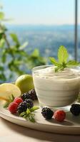 AI generated Yogurt drink in glass with berries and mint photo