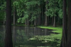 lake with reflection of Mangrove trees on it photo